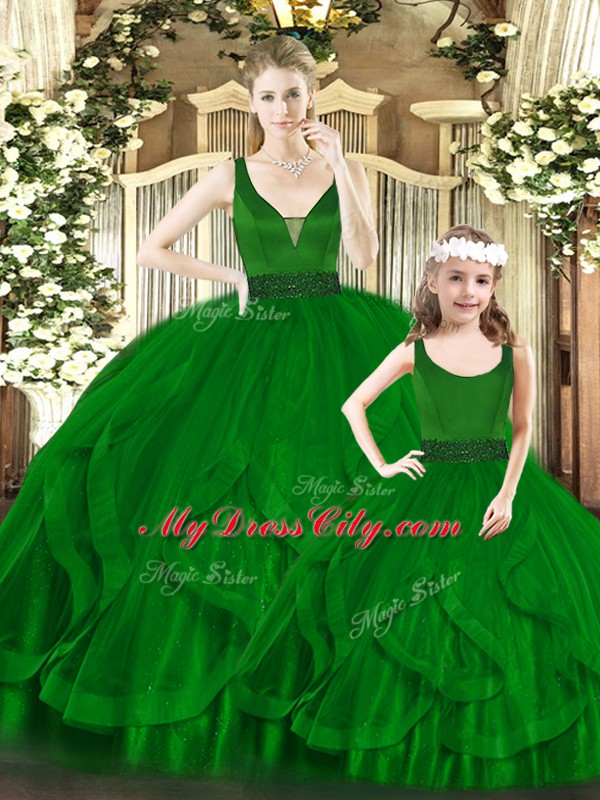 V-neck Sleeveless Zipper 15th Birthday Dress Green Organza