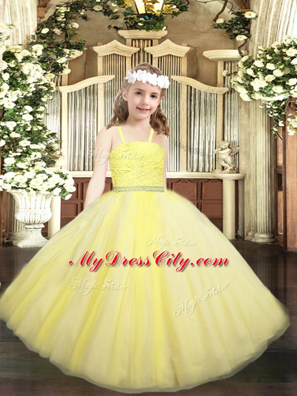 Modern Yellow Sleeveless Beading and Lace Floor Length Kids Pageant Dress