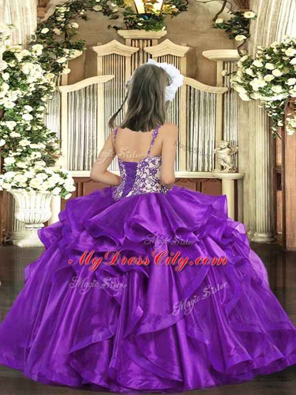 Beading and Ruffles Little Girls Pageant Dress Eggplant Purple Lace Up Sleeveless Floor Length