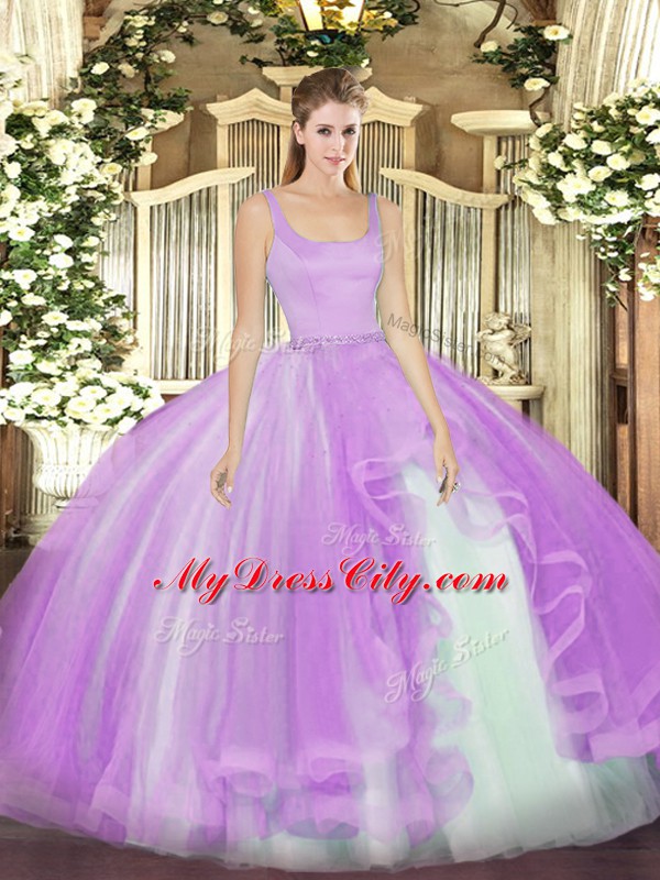 Lavender Quinceanera Gown Military Ball and Sweet 16 and Quinceanera with Beading Straps Sleeveless Zipper