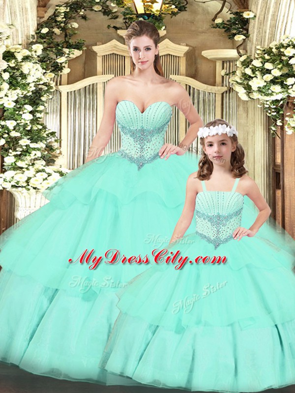 Exceptional Aqua Blue Sleeveless Tulle Lace Up 15 Quinceanera Dress for Military Ball and Sweet 16 and Quinceanera