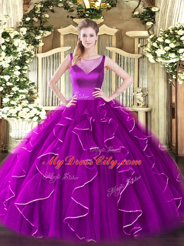 Sleeveless Floor Length Beading and Ruffles Side Zipper 15th Birthday Dress with Fuchsia