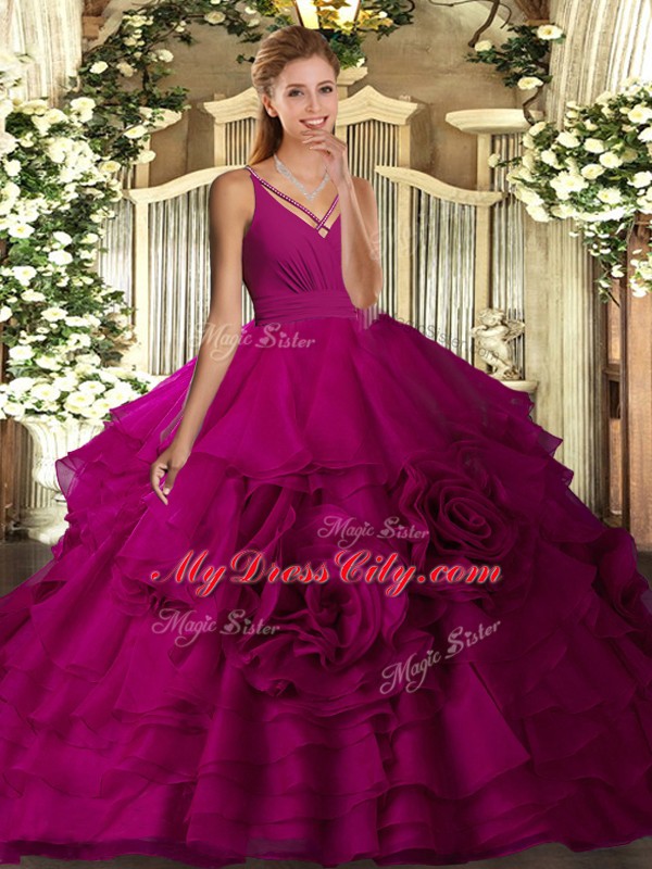 Fuchsia V-neck Backless Ruching 15 Quinceanera Dress Sleeveless