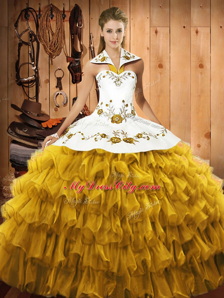 Luxury Gold Sleeveless Floor Length Embroidery and Ruffled Layers Lace Up Sweet 16 Dress