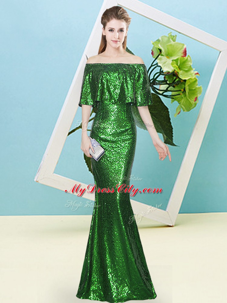 Sequined Half Sleeves Floor Length Prom Gown and Sequins