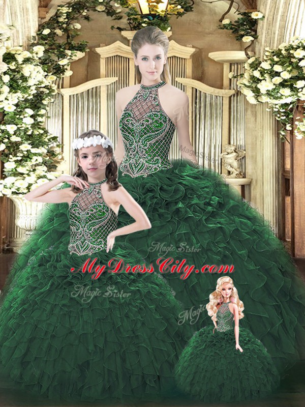 Dark Green Ball Gowns Beading and Ruffles Quinceanera Dresses Lace Up Organza Sleeveless Floor Length