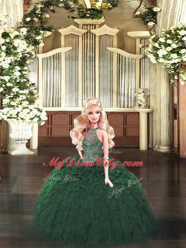 Dark Green Ball Gowns Beading and Ruffles Quinceanera Dresses Lace Up Organza Sleeveless Floor Length