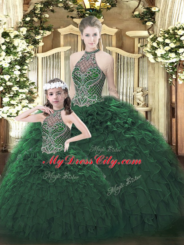 Dark Green Ball Gowns Beading and Ruffles Quinceanera Dresses Lace Up Organza Sleeveless Floor Length