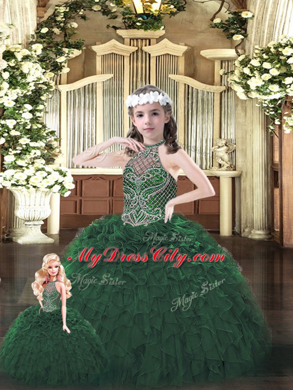 Dark Green Ball Gowns Beading and Ruffles Quinceanera Dresses Lace Up Organza Sleeveless Floor Length