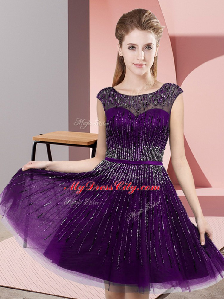 Knee Length Dark Purple Prom Evening Gown Scoop Sleeveless Backless