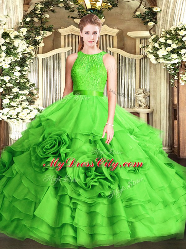 Beautiful Ball Gowns Scoop Sleeveless Fabric With Rolling Flowers Floor Length Zipper Lace Sweet 16 Dresses