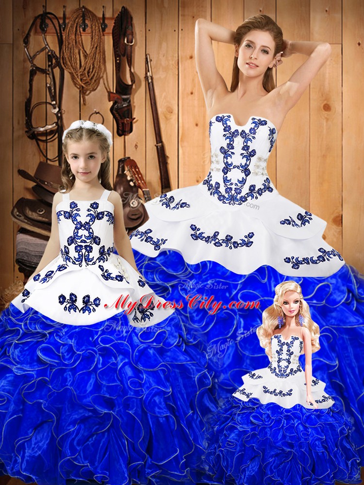 Cheap Royal Blue Sweet 16 Dress Military Ball and Sweet 16 and Quinceanera with Embroidery and Ruffles Strapless Sleeveless Lace Up