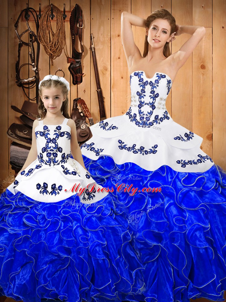 Cheap Royal Blue Sweet 16 Dress Military Ball and Sweet 16 and Quinceanera with Embroidery and Ruffles Strapless Sleeveless Lace Up