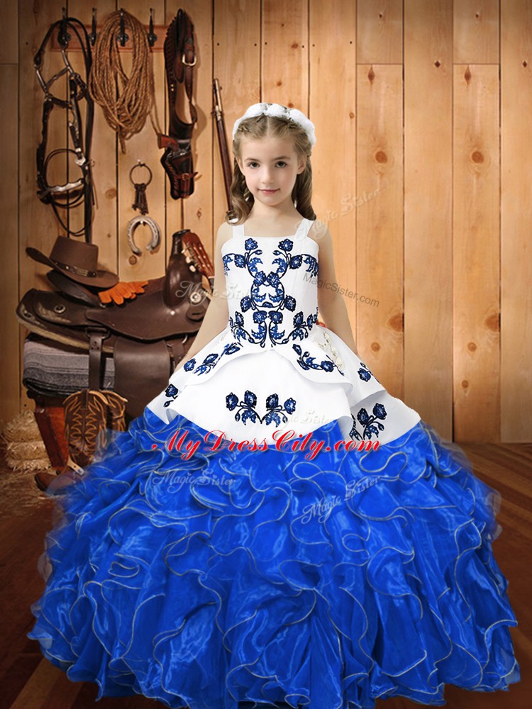 Excellent Floor Length Blue Pageant Dress Organza Sleeveless Embroidery and Ruffles