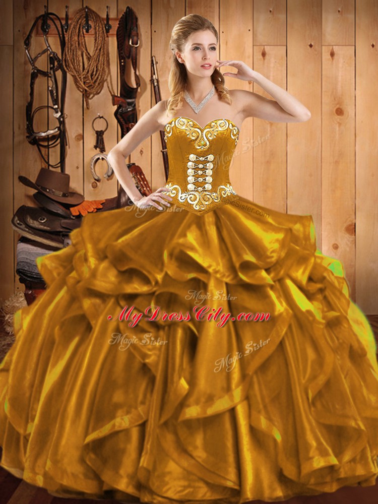 Excellent Gold Sweetheart Lace Up Embroidery and Ruffles Quinceanera Gowns Sleeveless