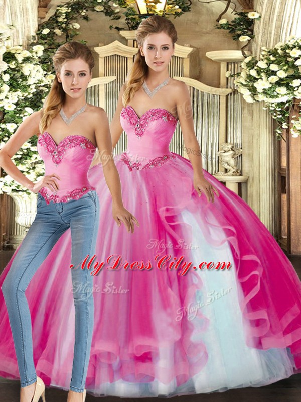 High Quality Fuchsia Sweetheart Neckline Ruffles Sweet 16 Dress Sleeveless Lace Up