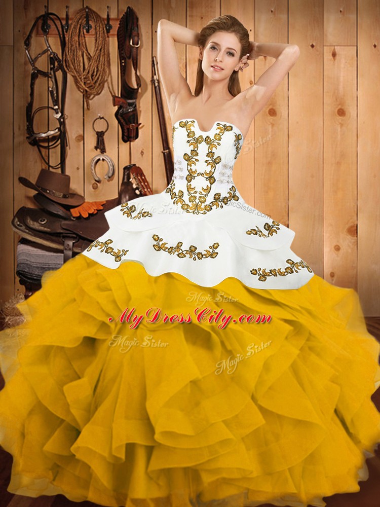 Luxurious Sleeveless Floor Length Embroidery and Ruffles Lace Up Sweet 16 Dress with Yellow And White