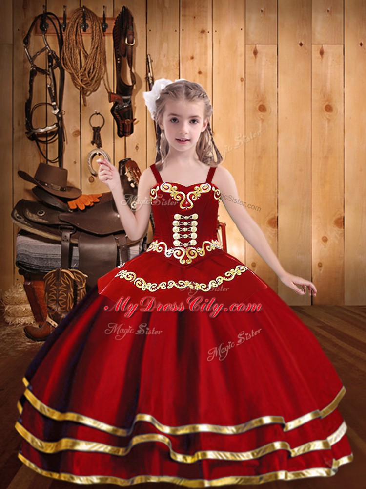 Inexpensive Floor Length Red Kids Pageant Dress Organza Sleeveless Embroidery and Ruffled Layers