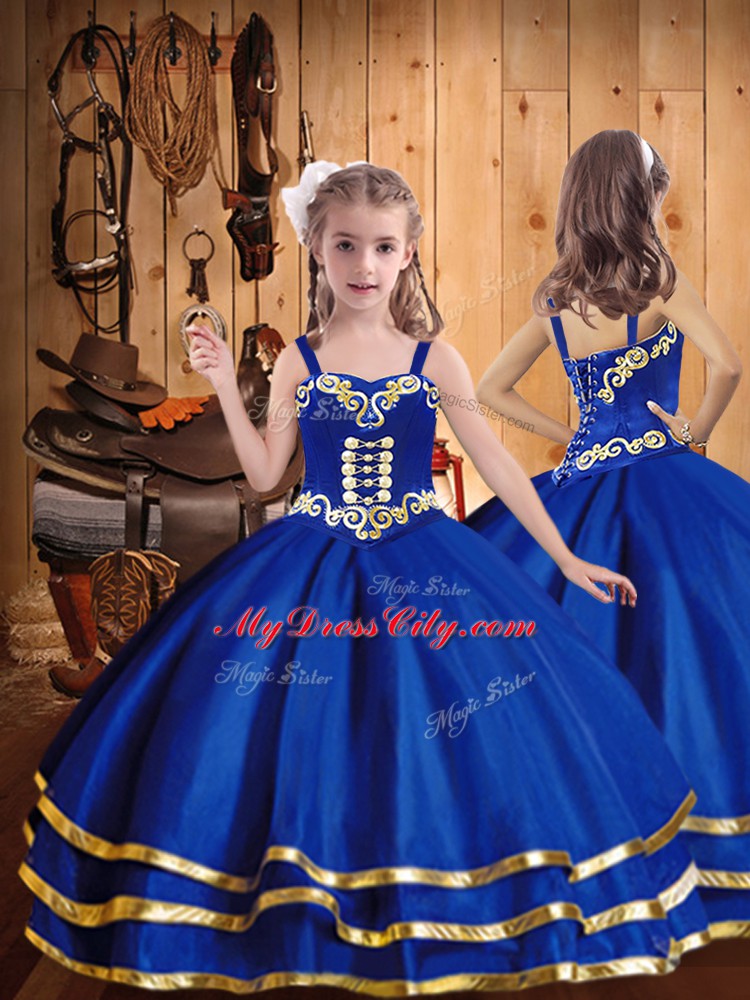 High Class Royal Blue Ball Gowns Organza Straps Sleeveless Embroidery and Ruffled Layers Floor Length Lace Up Kids Formal Wear