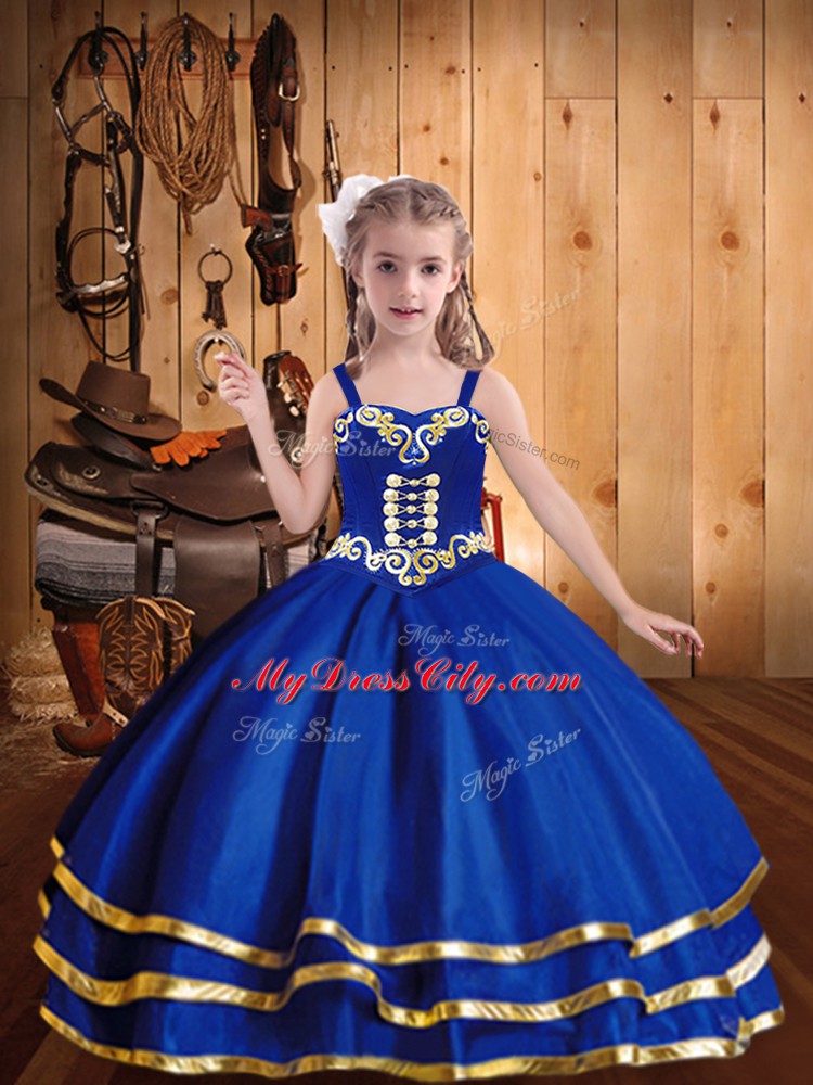 High Class Royal Blue Ball Gowns Organza Straps Sleeveless Embroidery and Ruffled Layers Floor Length Lace Up Kids Formal Wear