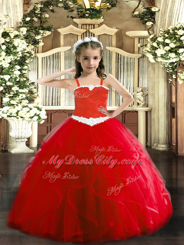 Discount Floor Length Lace Up Little Girls Pageant Gowns Red for Party and Quinceanera with Appliques and Ruffles