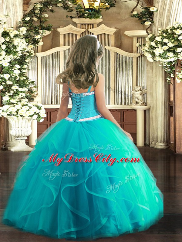 Discount Floor Length Lace Up Little Girls Pageant Gowns Red for Party and Quinceanera with Appliques and Ruffles