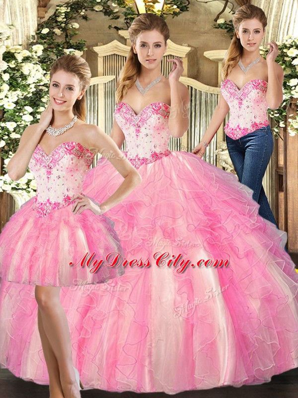 Sleeveless Organza Floor Length Lace Up Quinceanera Dresses in Rose Pink with Beading and Ruffles