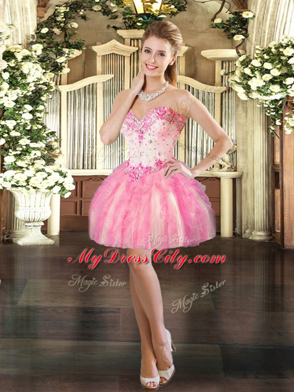 Sleeveless Organza Floor Length Lace Up Quinceanera Dresses in Rose Pink with Beading and Ruffles