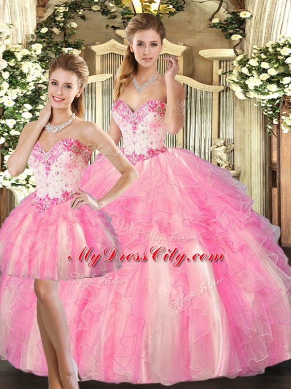 Sleeveless Organza Floor Length Lace Up Quinceanera Dresses in Rose Pink with Beading and Ruffles