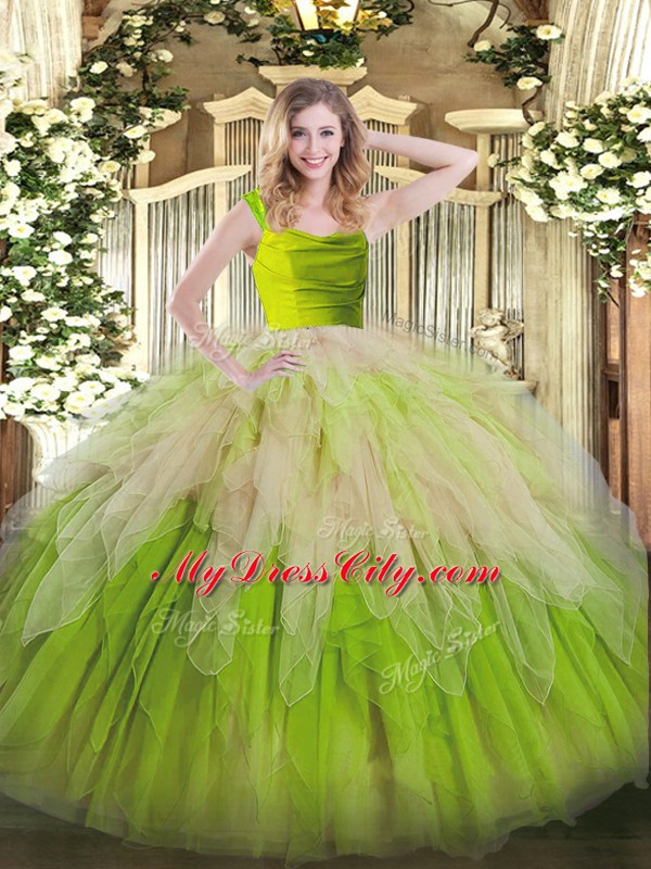 Amazing Sleeveless Organza Floor Length Zipper Quinceanera Gowns in Yellow Green with Lace and Ruffles