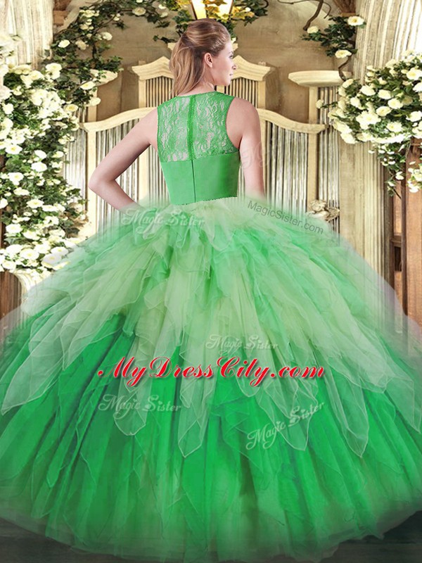 Amazing Sleeveless Organza Floor Length Zipper Quinceanera Gowns in Yellow Green with Lace and Ruffles