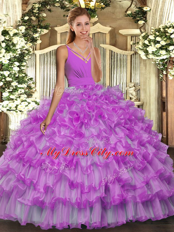 Lilac V-neck Backless Beading and Ruffles Sweet 16 Dresses Sleeveless