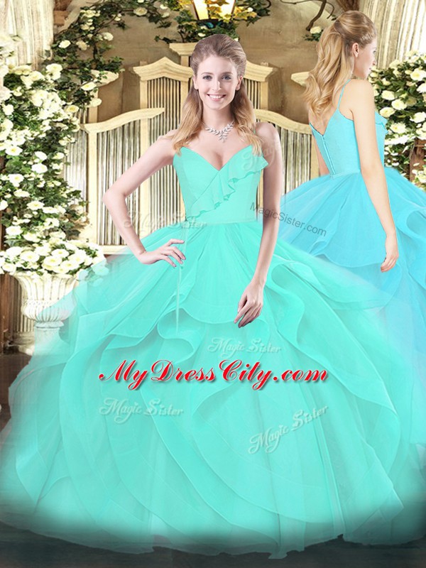 Enchanting Floor Length Aqua Blue Quinceanera Dress Spaghetti Straps Sleeveless Zipper