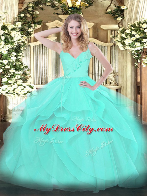 Enchanting Floor Length Aqua Blue Quinceanera Dress Spaghetti Straps Sleeveless Zipper