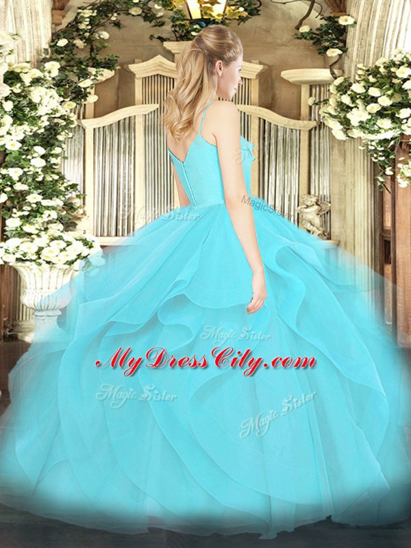 Enchanting Floor Length Aqua Blue Quinceanera Dress Spaghetti Straps Sleeveless Zipper