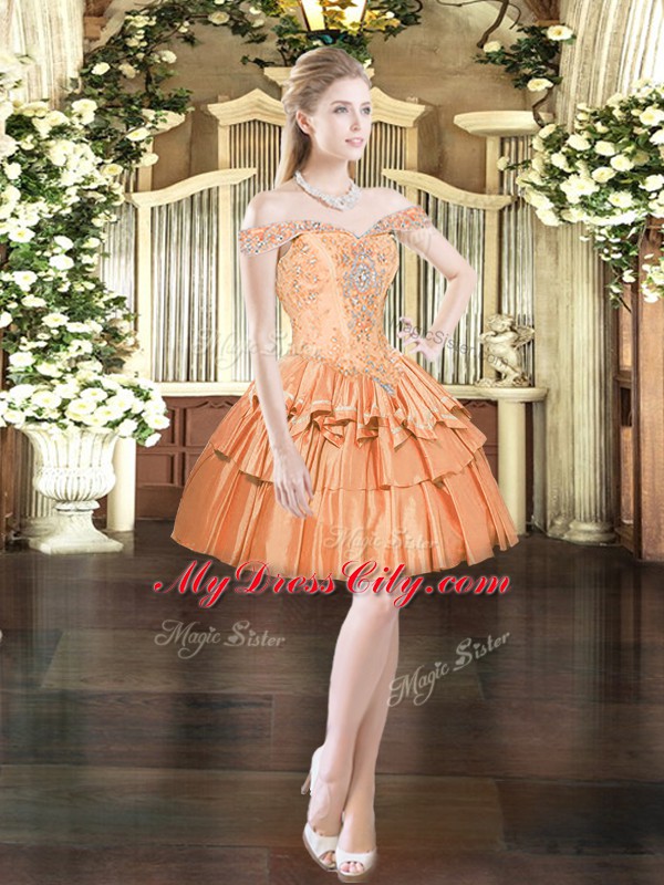 Shining Mini Length Lace Up Prom Dress Orange Red for Prom and Party with Beading and Ruffled Layers