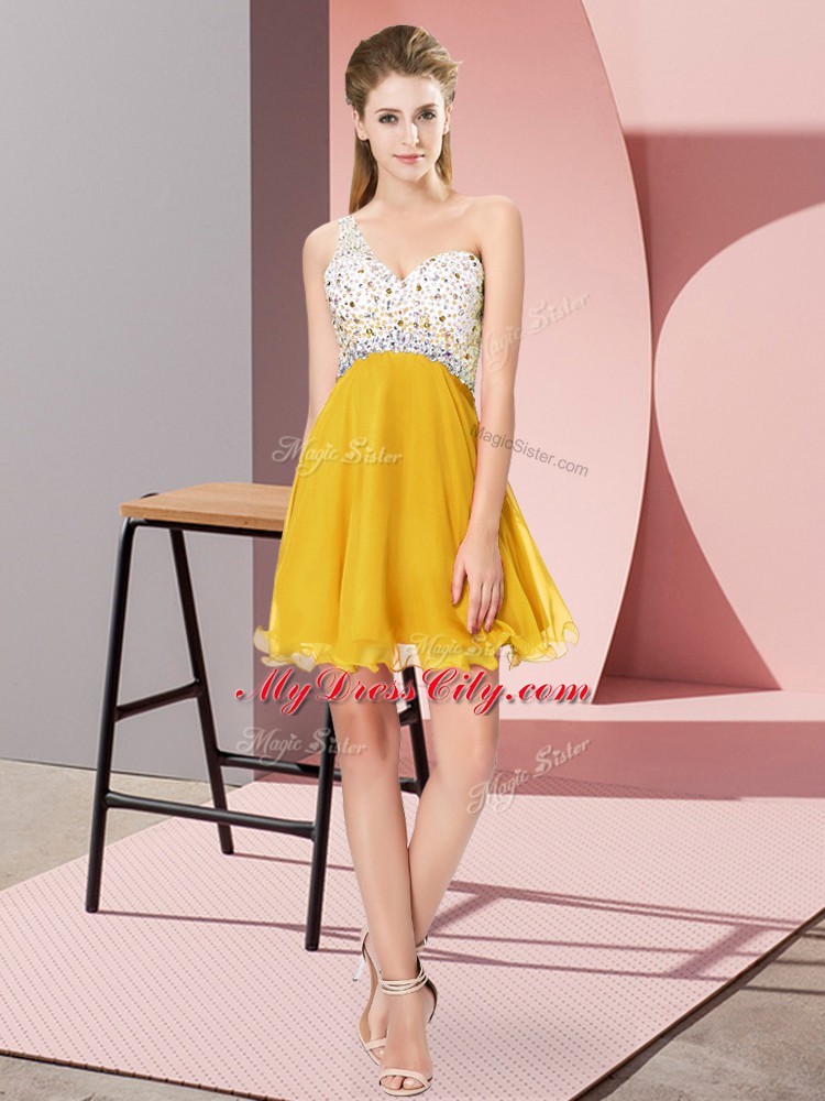 Enchanting Gold One Shoulder Criss Cross Beading Prom Party Dress Sleeveless