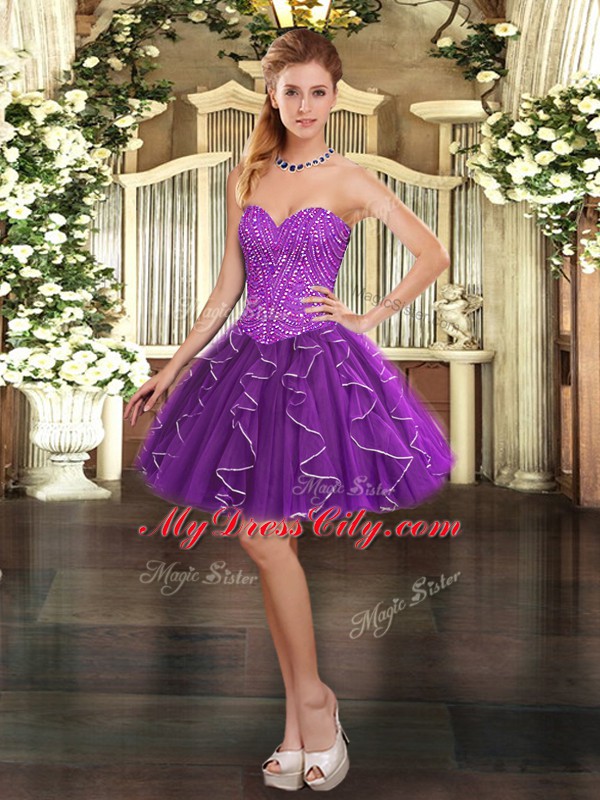 Delicate Purple Sleeveless Beading and Ruffles Mini Length Homecoming Dress