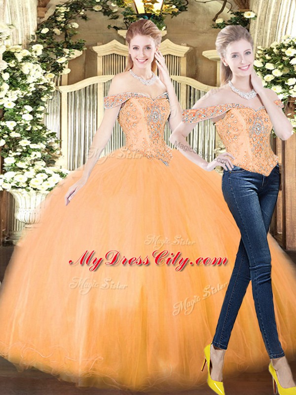 High Quality Orange Red Ball Gowns Organza Off The Shoulder Sleeveless Beading and Ruffles Floor Length Lace Up 15 Quinceanera Dress