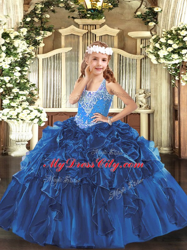 Blue Ball Gowns V-neck Sleeveless Organza Floor Length Lace Up Beading and Ruffles Little Girls Pageant Gowns