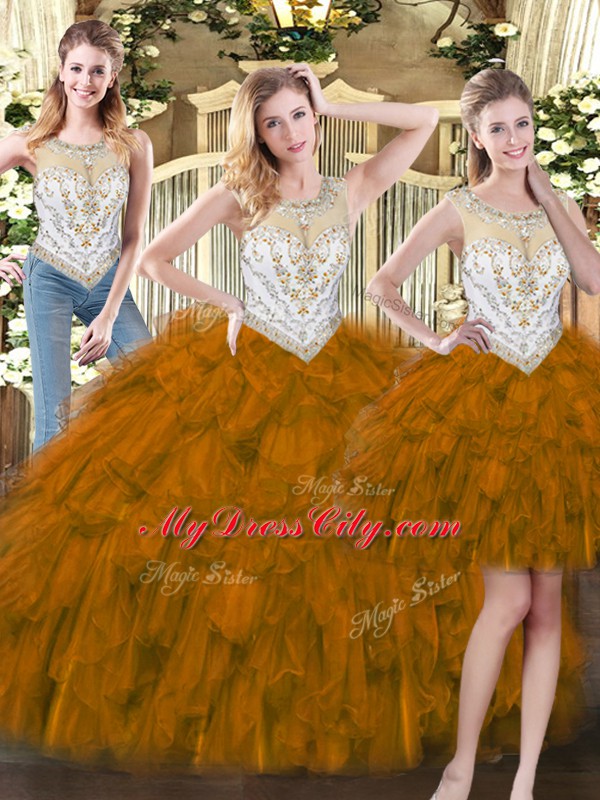 Deluxe Scoop Sleeveless Zipper Quinceanera Dresses Brown Organza