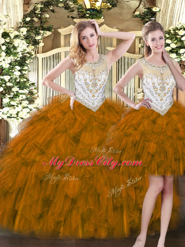 Deluxe Scoop Sleeveless Zipper Quinceanera Dresses Brown Organza