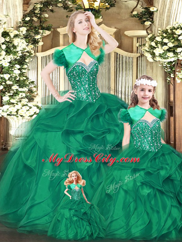 Elegant Green Sleeveless Organza Lace Up 15 Quinceanera Dress for Military Ball and Sweet 16 and Quinceanera