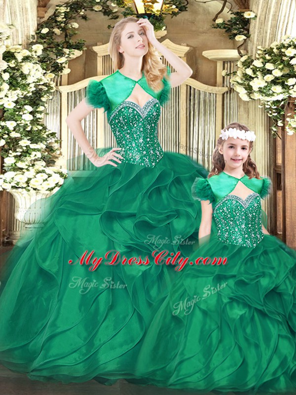 Elegant Green Sleeveless Organza Lace Up 15 Quinceanera Dress for Military Ball and Sweet 16 and Quinceanera