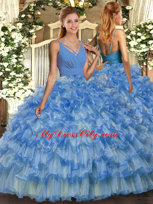 Beauteous Sleeveless Floor Length Ruffled Layers Backless Quince Ball Gowns with Blue