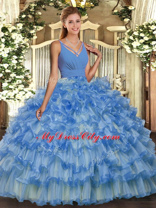 Beauteous Sleeveless Floor Length Ruffled Layers Backless Quince Ball Gowns with Blue