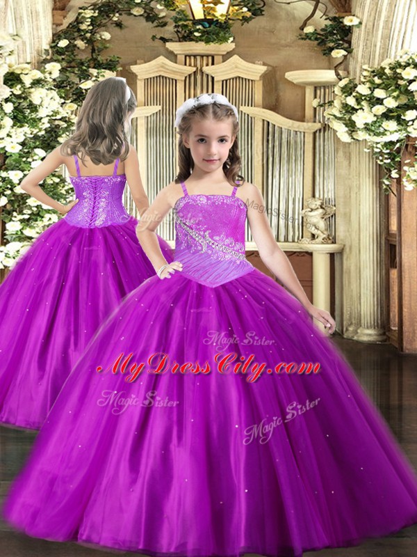 Purple Lace Up Straps Beading Pageant Dress Wholesale Tulle Sleeveless