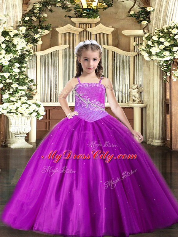 Purple Lace Up Straps Beading Pageant Dress Wholesale Tulle Sleeveless