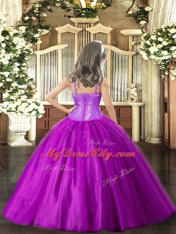 Purple Lace Up Straps Beading Pageant Dress Wholesale Tulle Sleeveless