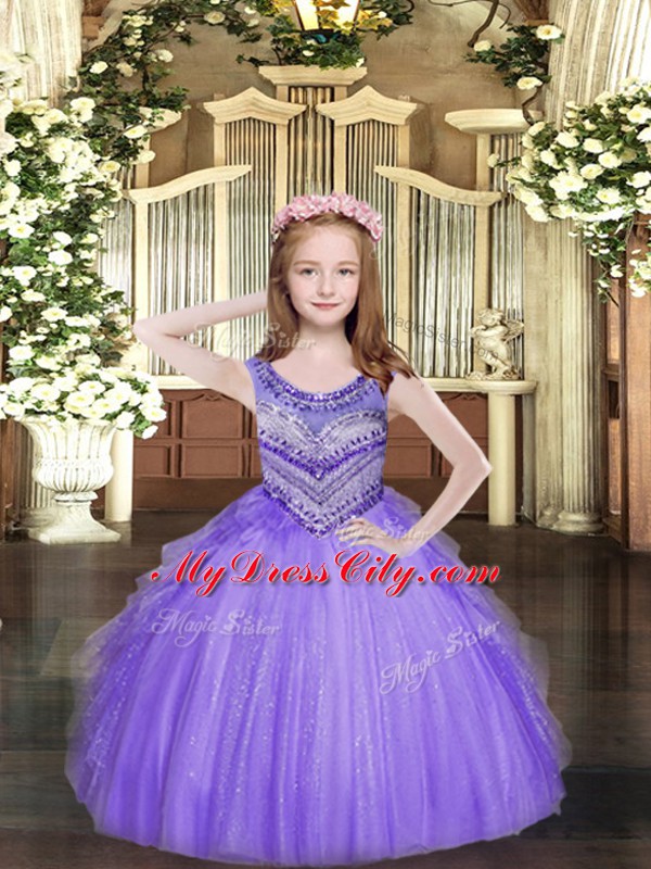 Modern Sleeveless Lace Up Floor Length Beading and Ruffles Little Girl Pageant Dress